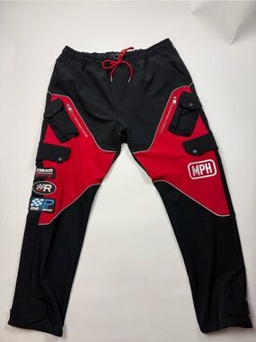 Men's Black & Red Motorsport Cargo Pants with Patchwork